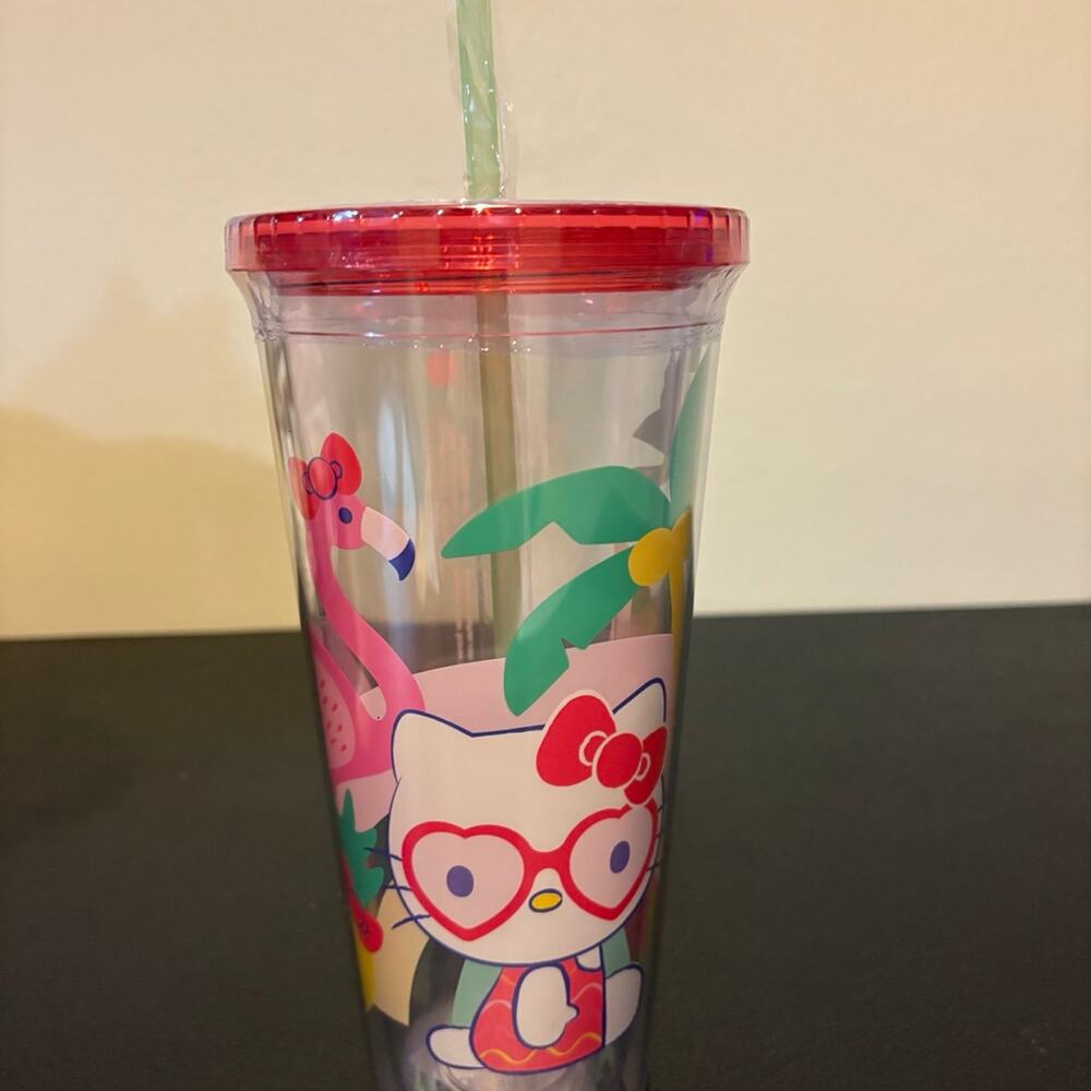 NWT Hello Kitty Tropical Flamingo Tumbler - Summer 20oz Plastic Cup with Straw